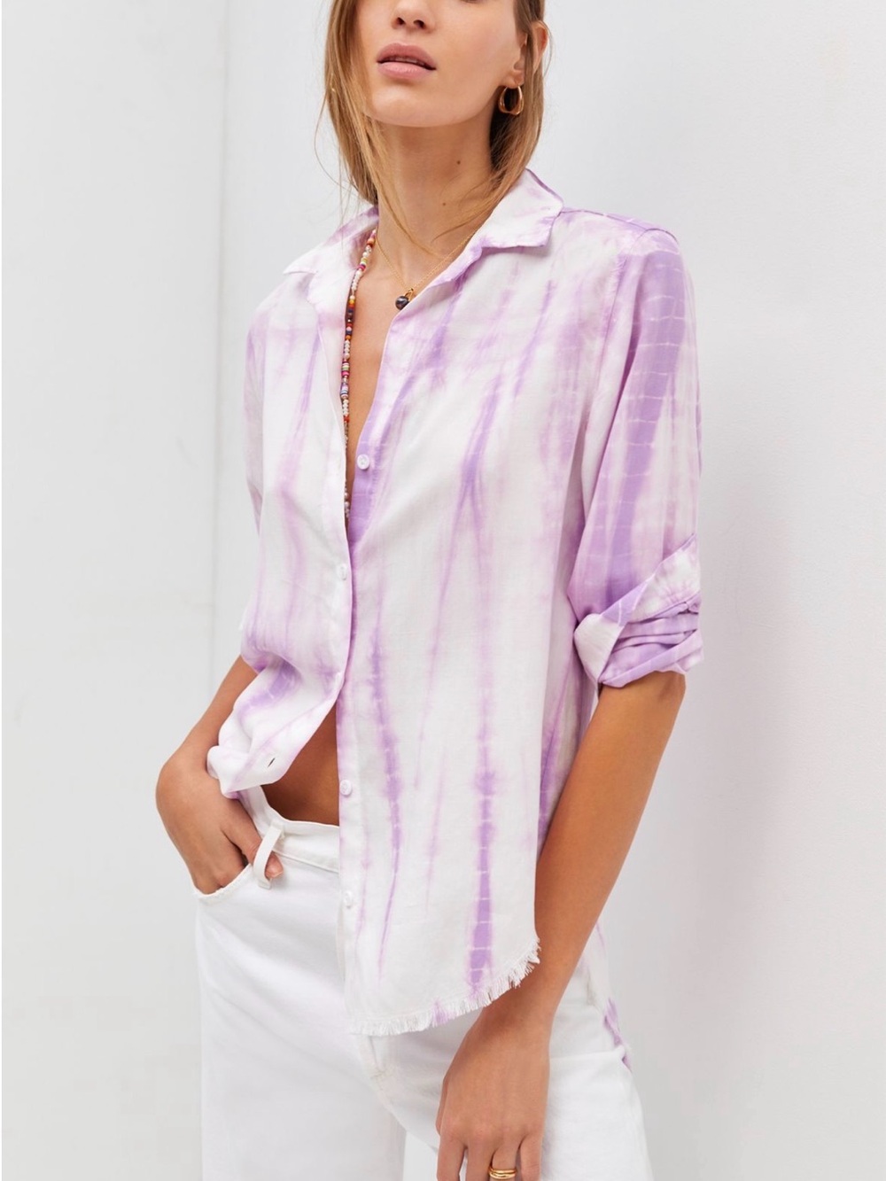 Anthropologie Lavender and White Tie-Dye Button-Up Blouse